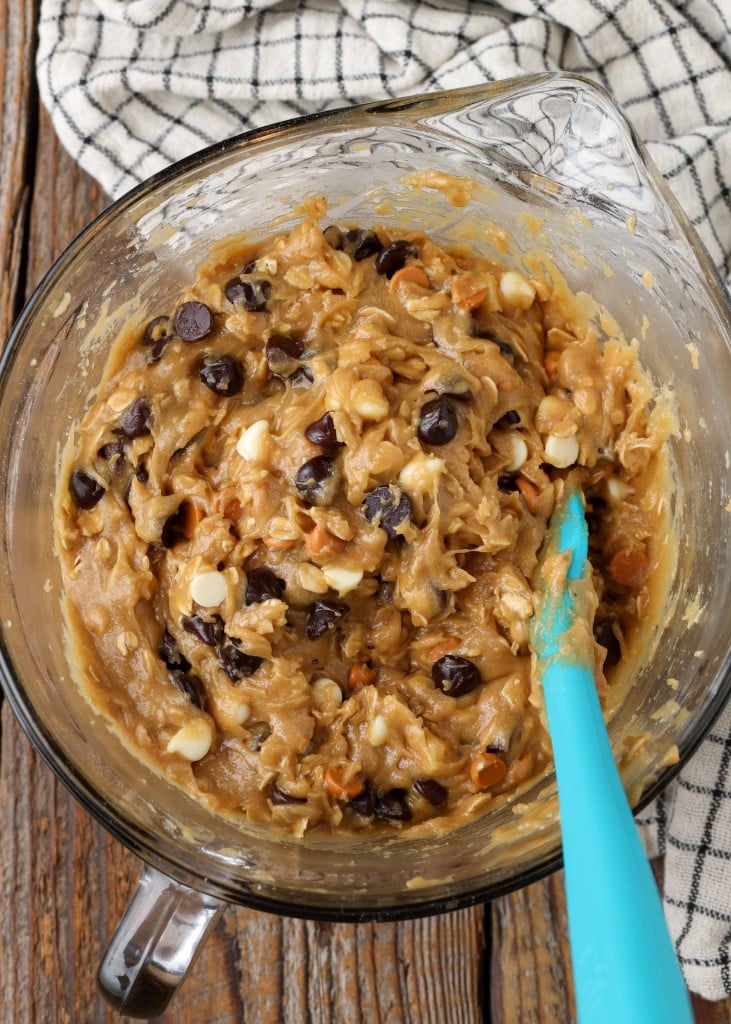cookie dough batter in bowl with spatula