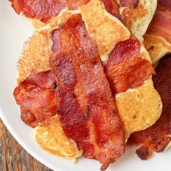 close up of pancakes with bacon