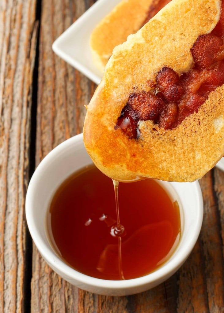 Bacon Pancake Dippers with maple syrup