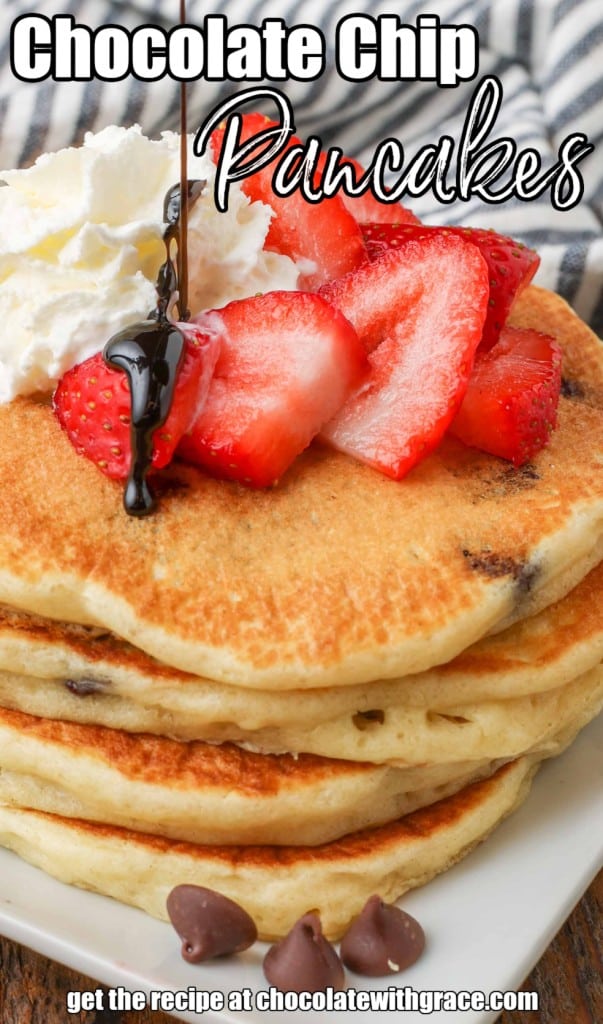 pancakes with chocolate chips, strawberries, whipped cream