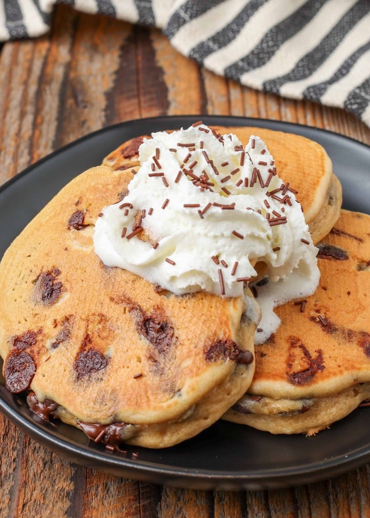 chocolate chip peanut butter pancakes with whipped cream