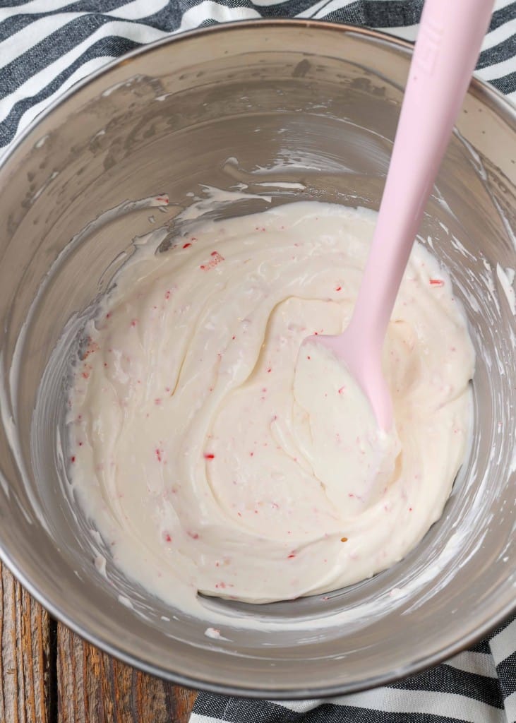 creamy peppermint dip with candy canes mixed throughout