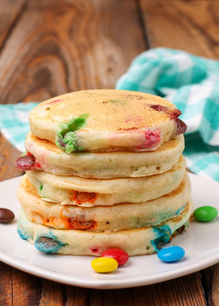 M&M Pancakes on square white plate