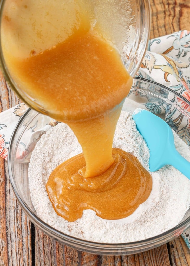 dry ingredients mixed with wet in glass bowl