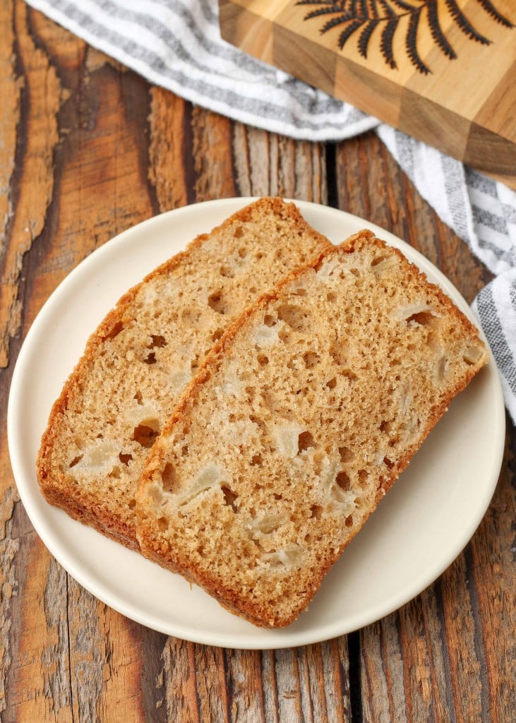 sliced pear bread on small white plate