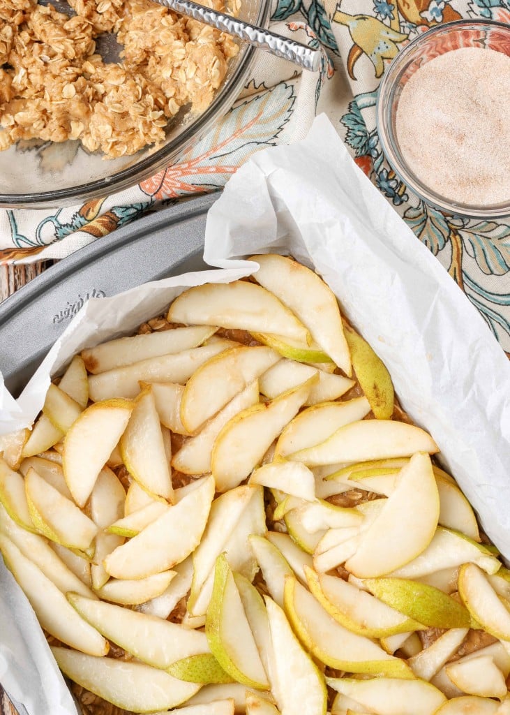 fresh pears layered in pan 