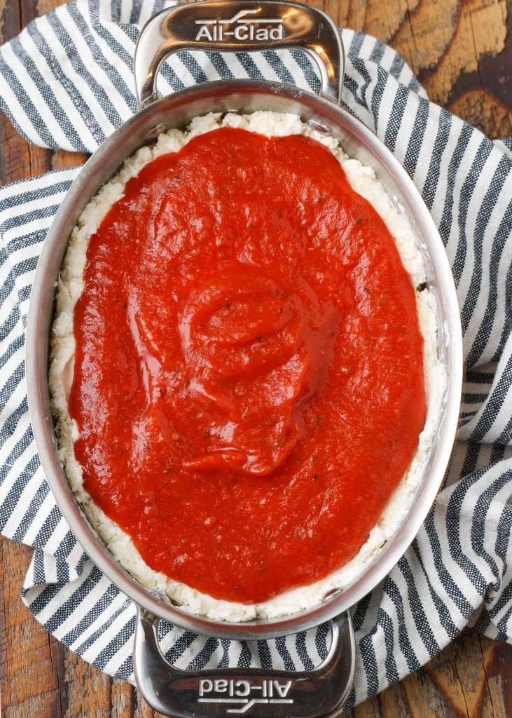 Pepperoni Pizza Dip uncooked with sauce