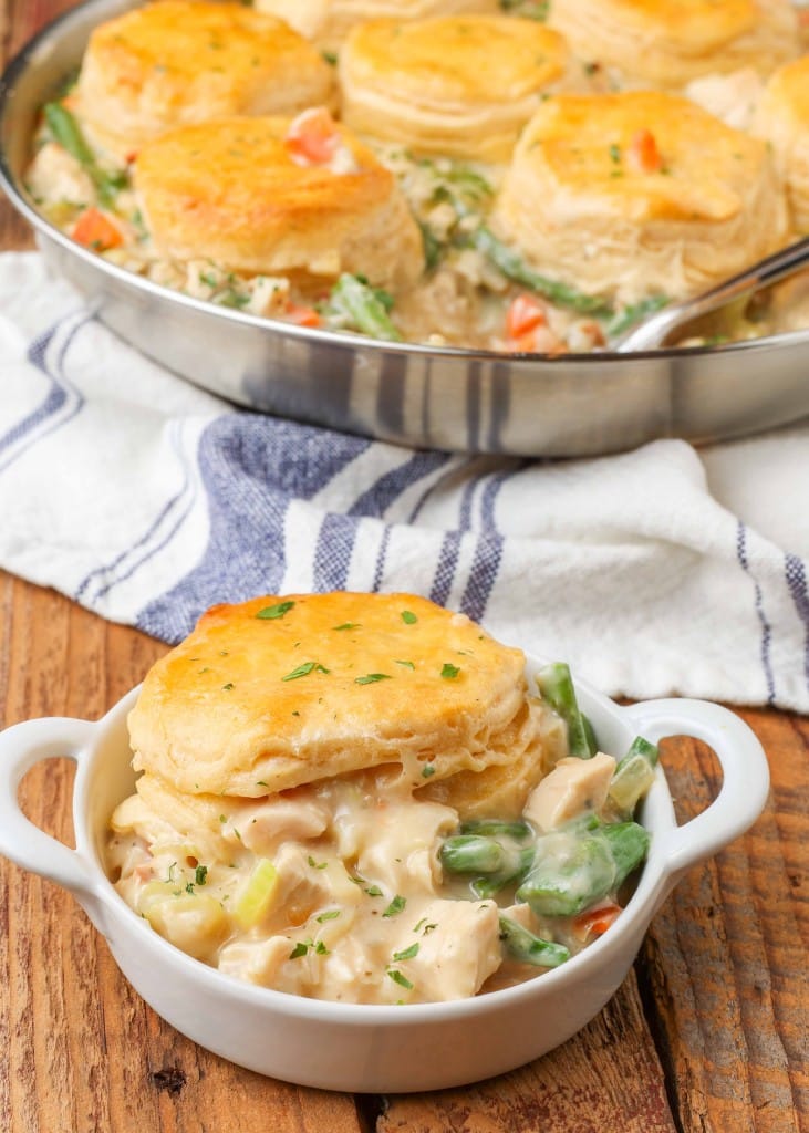 Chicken Pot Pie with Biscuits in white ramekin and pan 