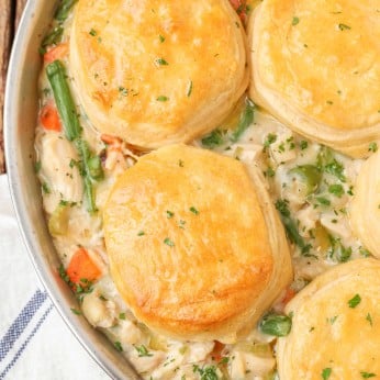 Chicken Pot Pie with Biscuits in pan