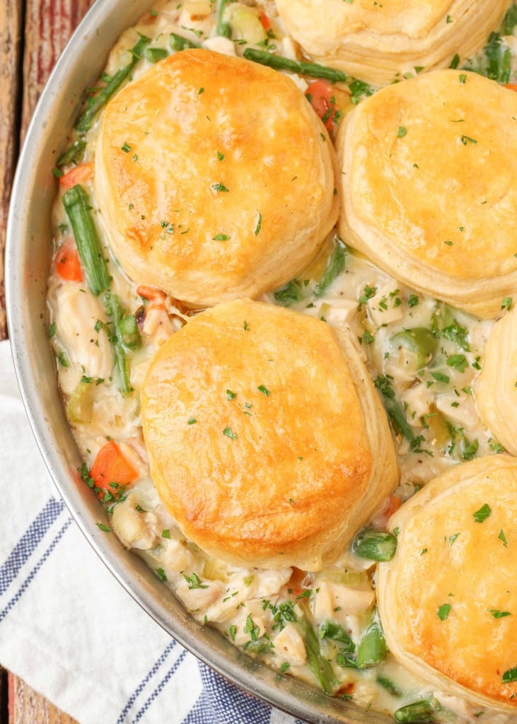 Chicken Pot Pie with Biscuits in pan