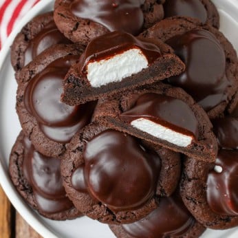 Chocolate Covered Marshmallow Cookies plated with a red and white napkin