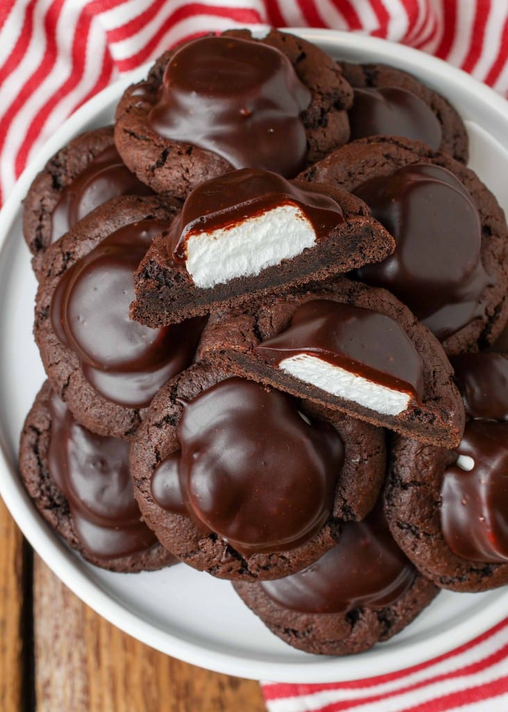 Chocolate Covered Marshmallow Cookies plated with a red and white napkin