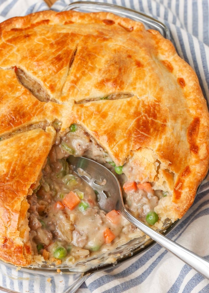 Ground Beef Pot Pie whole pie with one slice removed