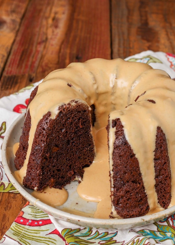 triple chocolate bundt cake with one slice missing, drizzled with peanut butter glaze on a speckled white plate