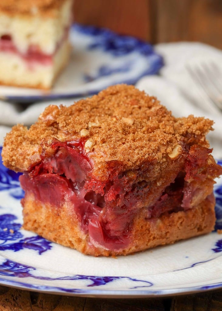 Strawberry Coffee Cake on blue and white china