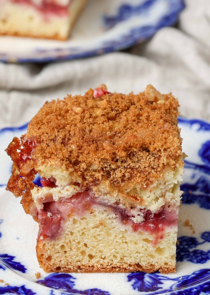 Strawberry Coffee Cake on blue and white china