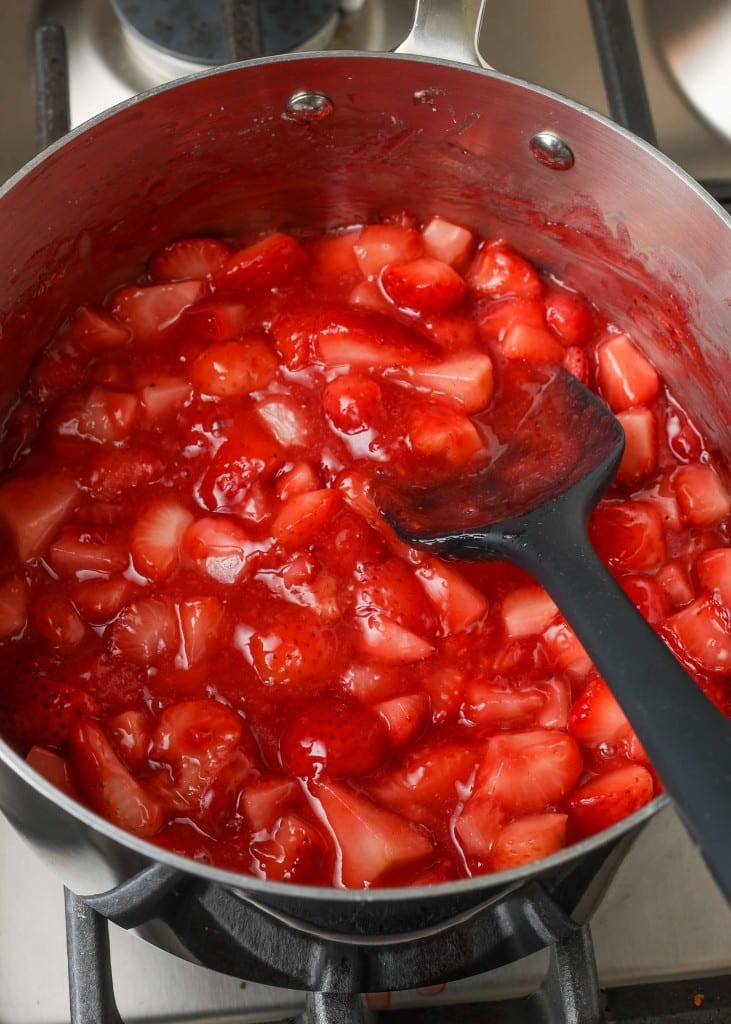 Strawberry Coffee Cake cooked strawberries in saucepan