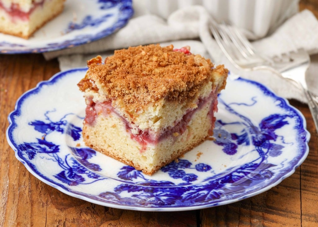 Strawberry Coffee Cake on blue and white china