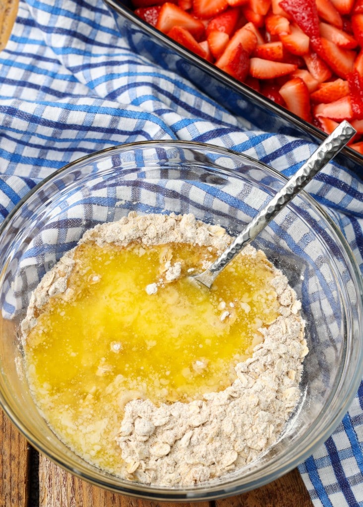 melted butter with oatmeal, flour and brown sugar