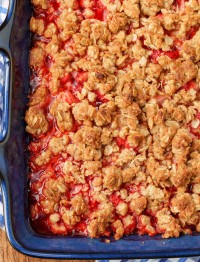 Strawberry Crisp in blue baking pan