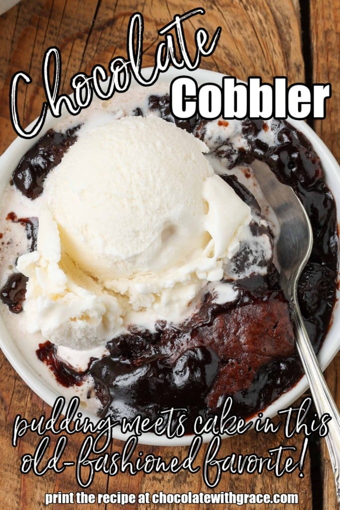 close up photo of cobbler with chocolate filling and ice cream