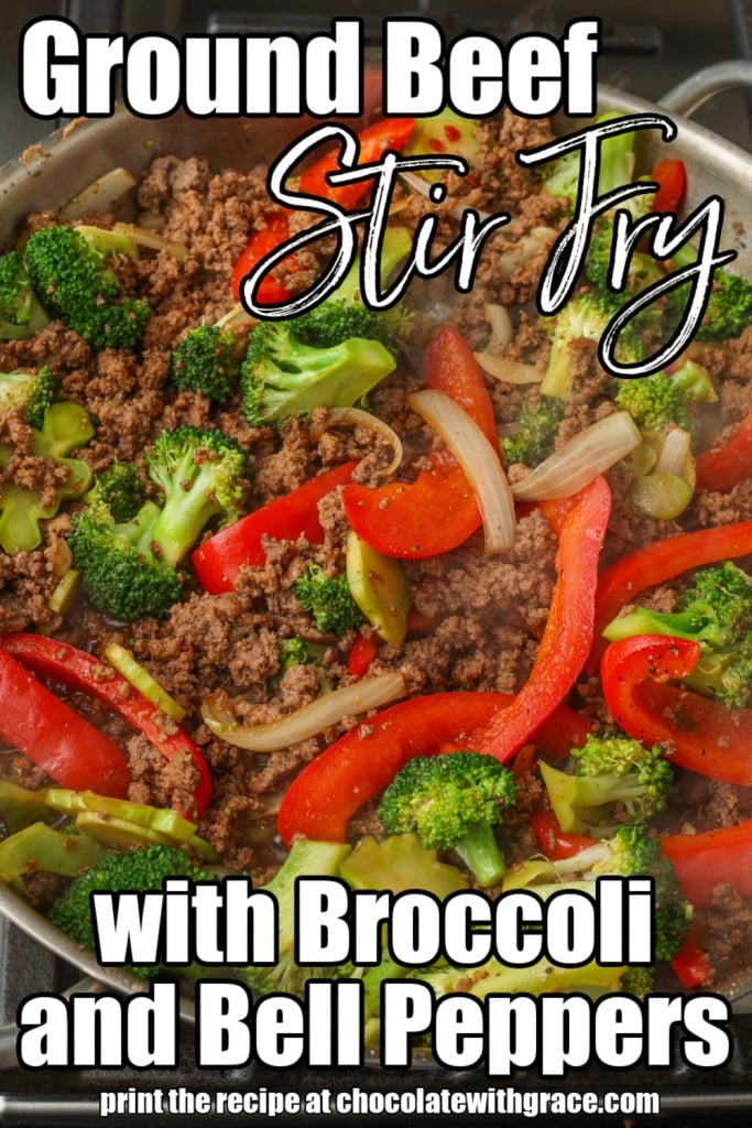 Overhead shot of ground beef stir fry in a stainless steel skillet