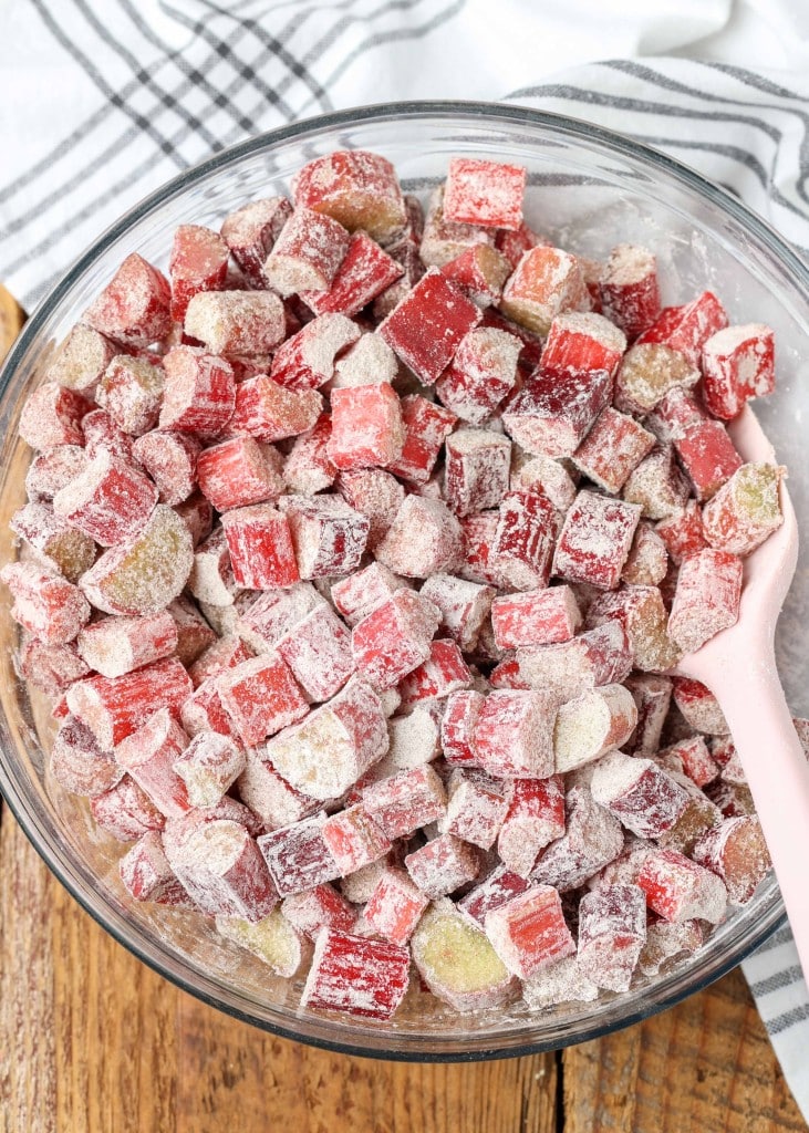 Close-up shot of dry ingredients coating rhubarb in a glass bowl 