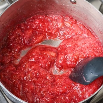 thickened rhubarb ice cream sauce in saucepan