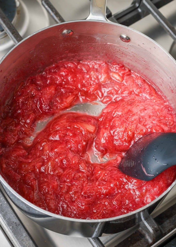 thickened rhubarb ice cream sauce in saucepan