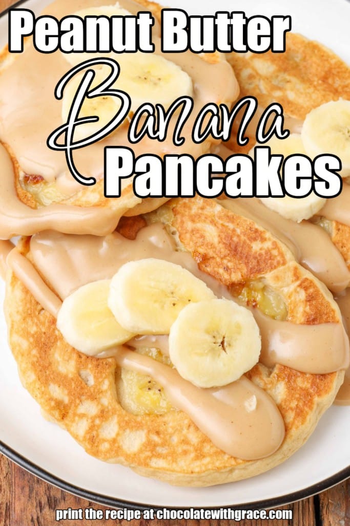pancakes with bananas and peanut butter sauce on white plate