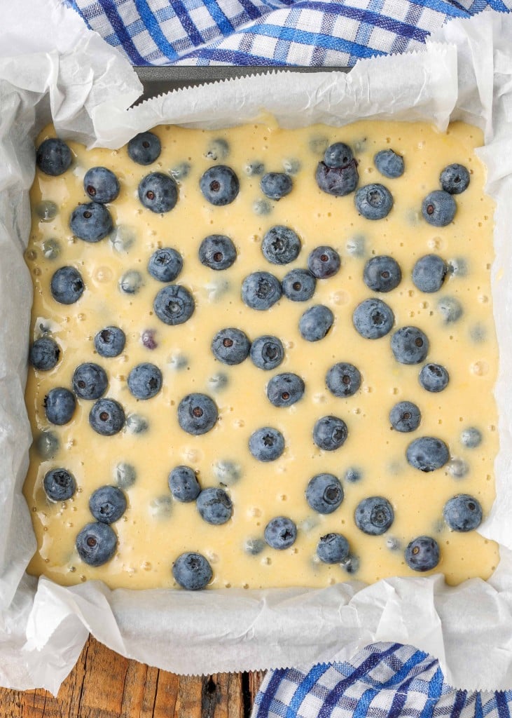 The batter has been poured into the 9x9 baking pan, and fresh blueberries have been placed atop it.