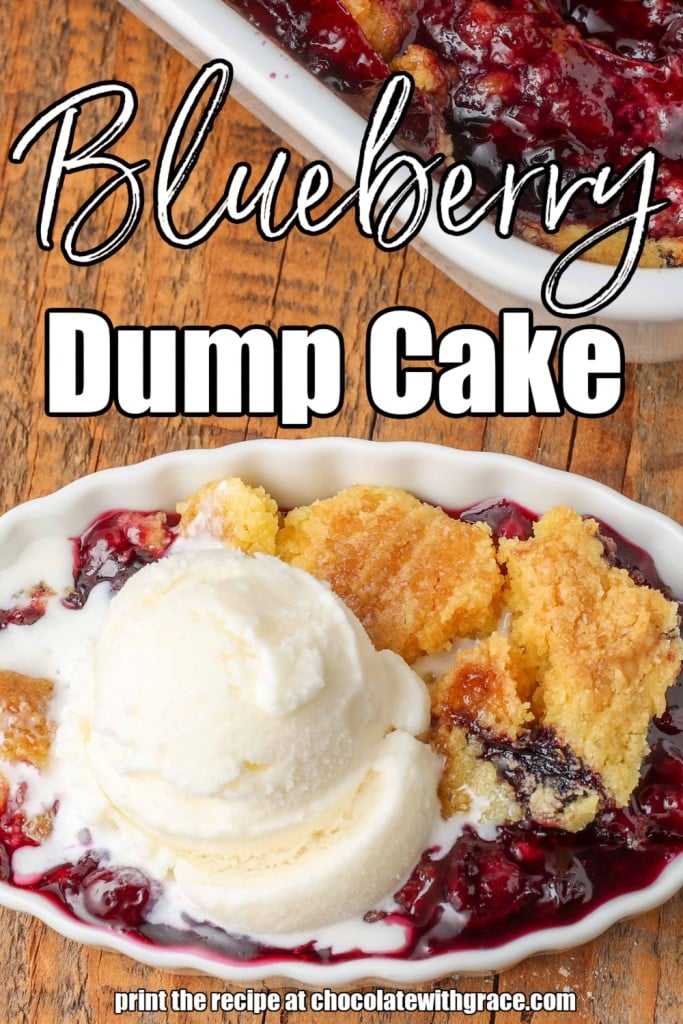 white lettering has been overlaid this image of a serving of blueberry dump cake in a white bowl with a serving of vanilla ice cream. It reads, "blueberry dump cake,"
