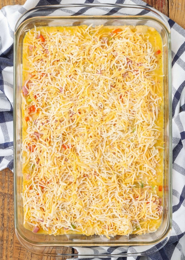 The shredded cheese has been added to the casserole.