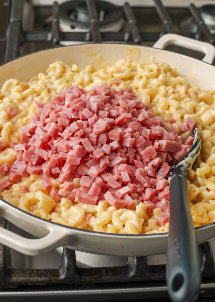 Finely chopped chunks of ham have been added to the noodles in the cheese sauce.