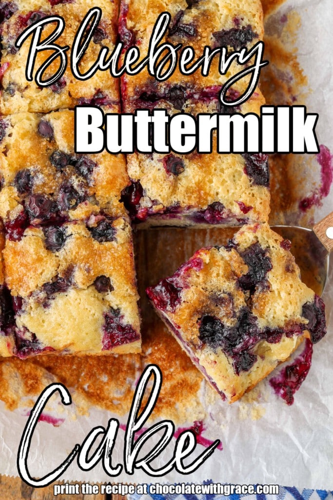 White lettering has been overlaid this top down photo of a sliced blueberry buttermilk cake. It reads, "Blueberry Buttermilk Cake".