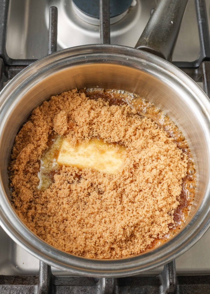 Overhead shot of brown sugar and butter in a saucepan