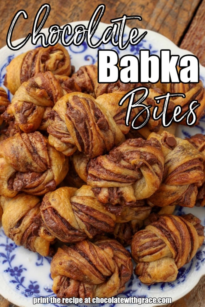 Overhead vertical shot of chocolate babka bites, served in a white bowl with blue floral print; the words "Chocolate Babka Bites" are superimposed over the image