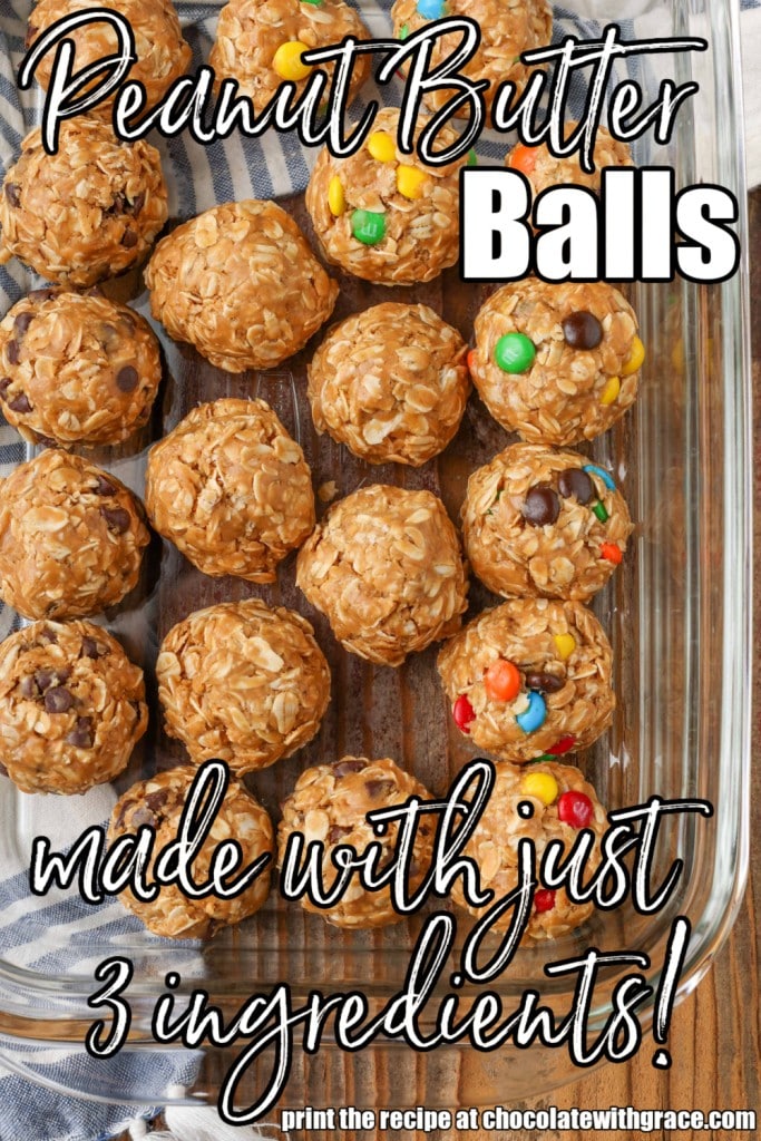 white text has been overlaid this image of a baking dish full of peanut butter oatmeal balls