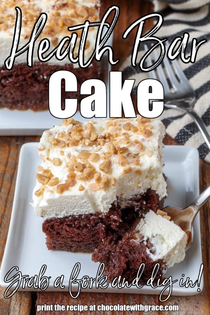 white lettering has been overlaid this image of a slice of chocolate cake with white frosting on a square white plate. it reads, "Heath Bar Cake"