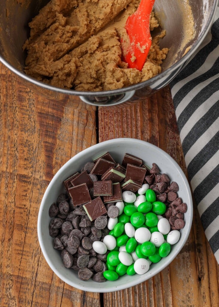 bowl filled with M&M'S, chocolate chips, and Andes Mints
