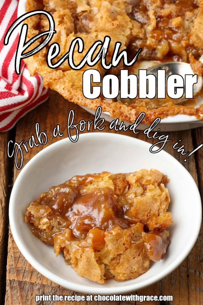 dish of cobbler with pecans on wooden table