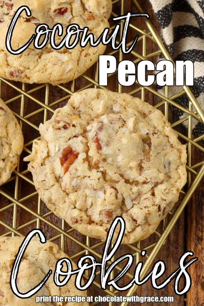 cookies with pecans and coconut cooling on gold rack