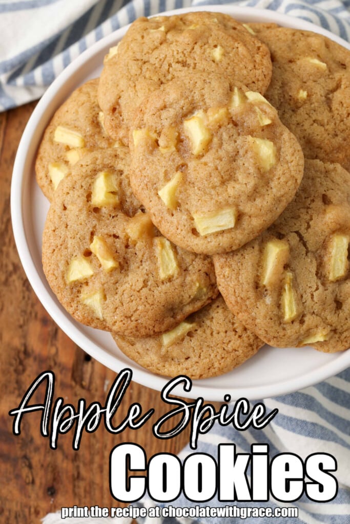 white lettering has been overlaid this image of apple cookies on a white circular plate over a wooden tabletop with a blue and white striped towel visible in the background. it reads, "Apple spice cookies"