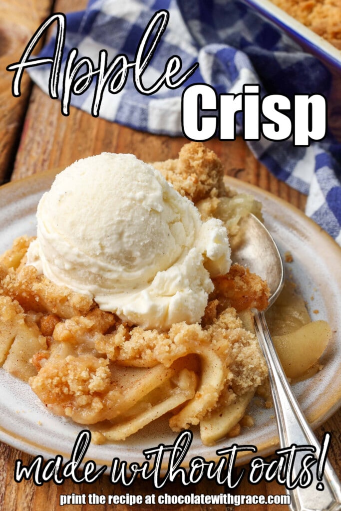close up of apple crisp with fork on plate