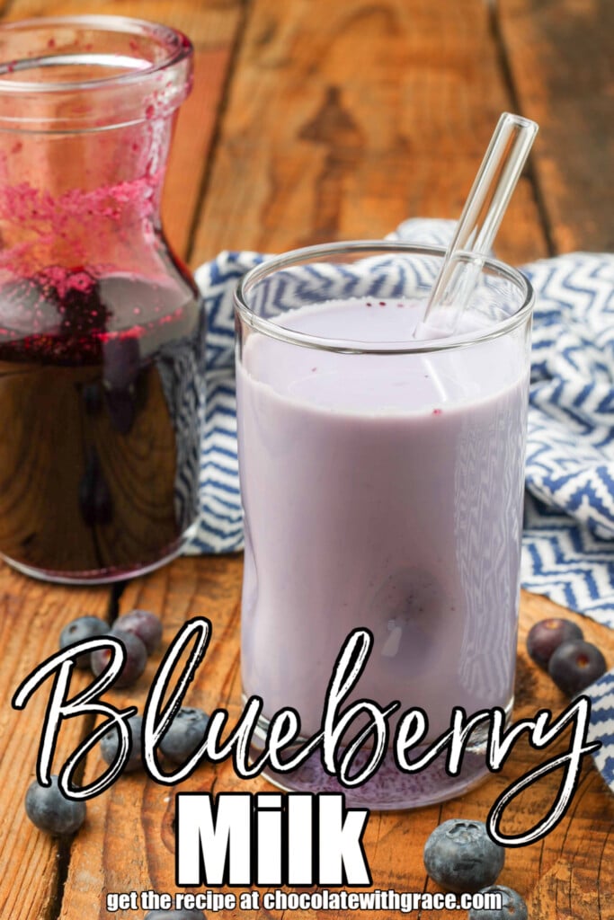 white lettering has been overlaid this image of a glass of lavender colored blueberry milk. it reads, "blueberry milk"