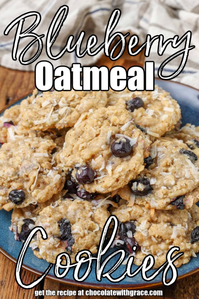 White lettering is overlaid this image of fruity oatmeal cookies on a blue plate. It reads, "Blueberry Oatmeal Cookies".
