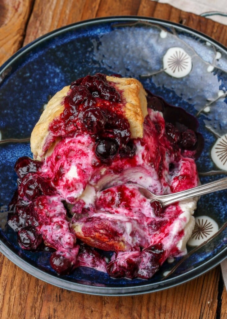a metal spoon is driven deep into the blueberry compote and ice cream, preparing to take a bite of the blueberry shortcake.