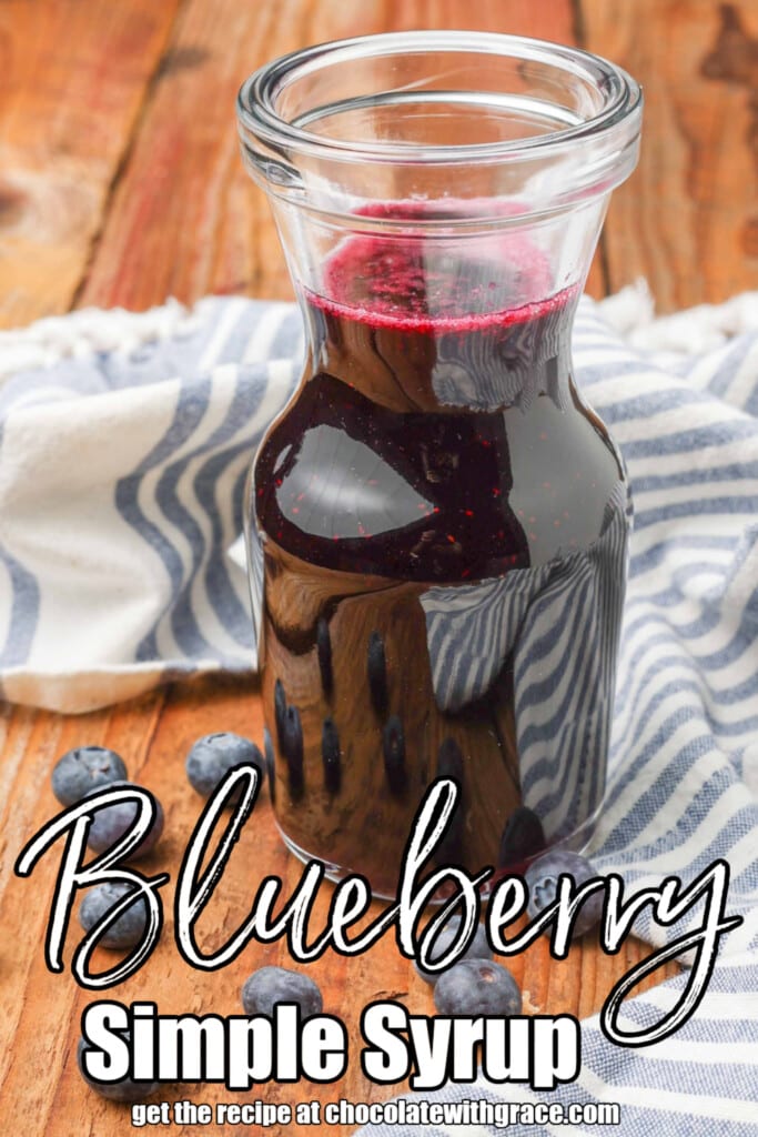 white lettering has been overlaid this image of a jar of purple, blueberry simple syrup on a wooden tabletop. It reads, "blueberry simple syrup"