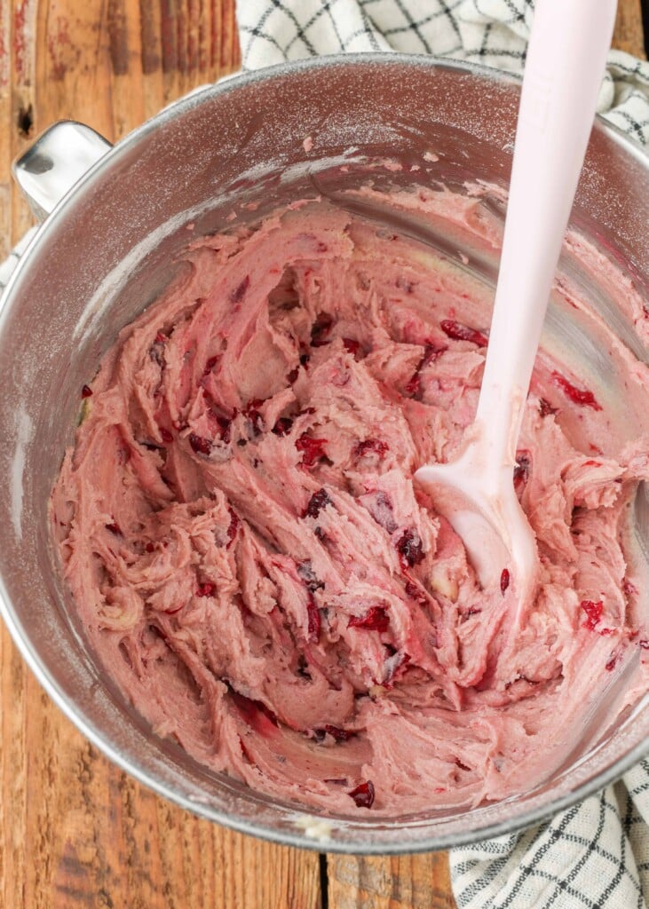 cherry batter for cake in bowl with spatula