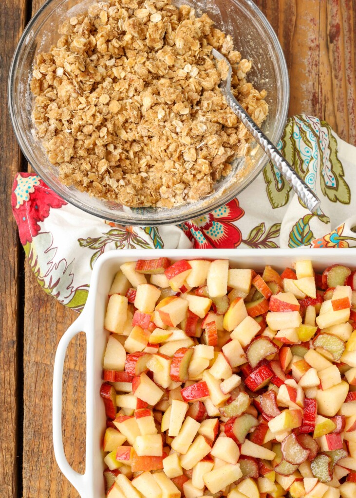 crisp topping next to pan of fruit